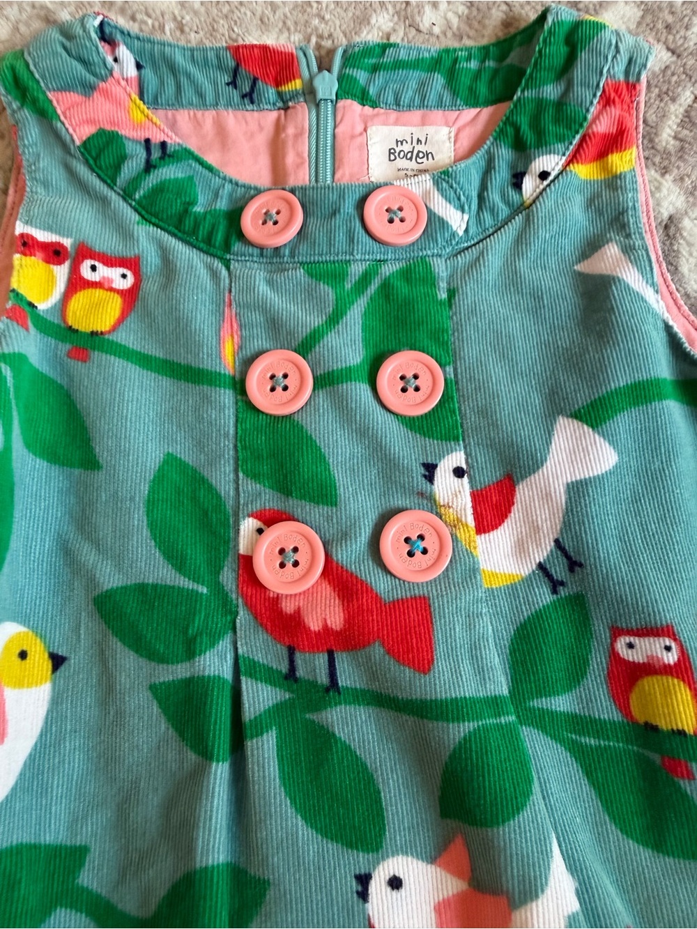 Mini Boden Teal Corduroy Jumper with Multicolor Birds Owls - Picture 2 of 6